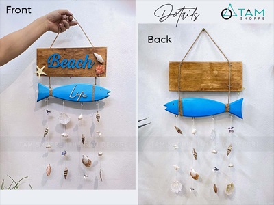 Bảng treo chủ đề biển Beach Life Cá Xanh treo ốc [dây thừng - vỏ ốc thật] KT55x32cm BTC-BIEN-03